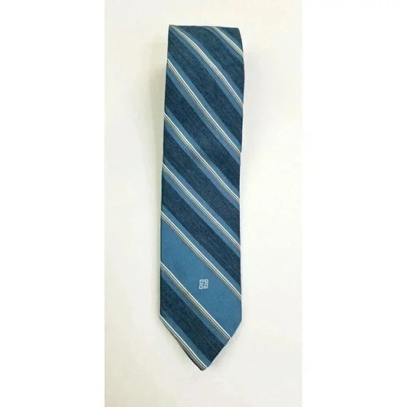 Givenchy Gentlemen Paris Men's Embroidered Logo Blue Tan Camel White Stripe Tie - Picture 1 of 7
